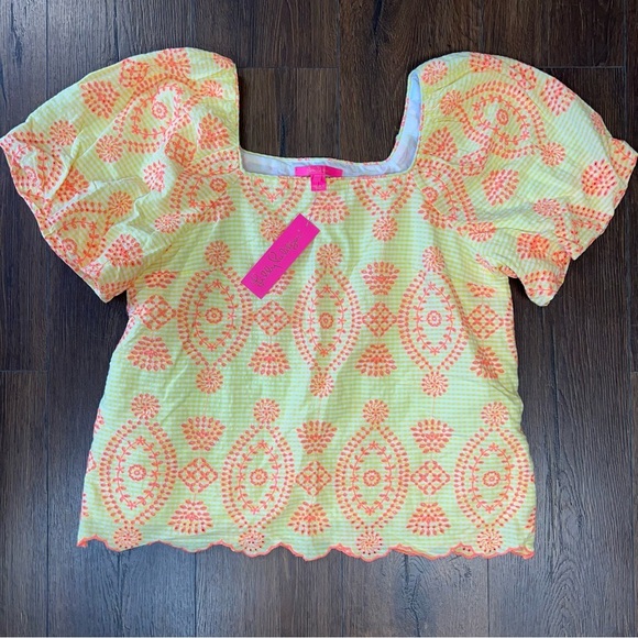 🆕 Lilly Pulitzer Lettie Eyelet calla yellow gingham seersucker Top SZ LG - Picture 1 of 5